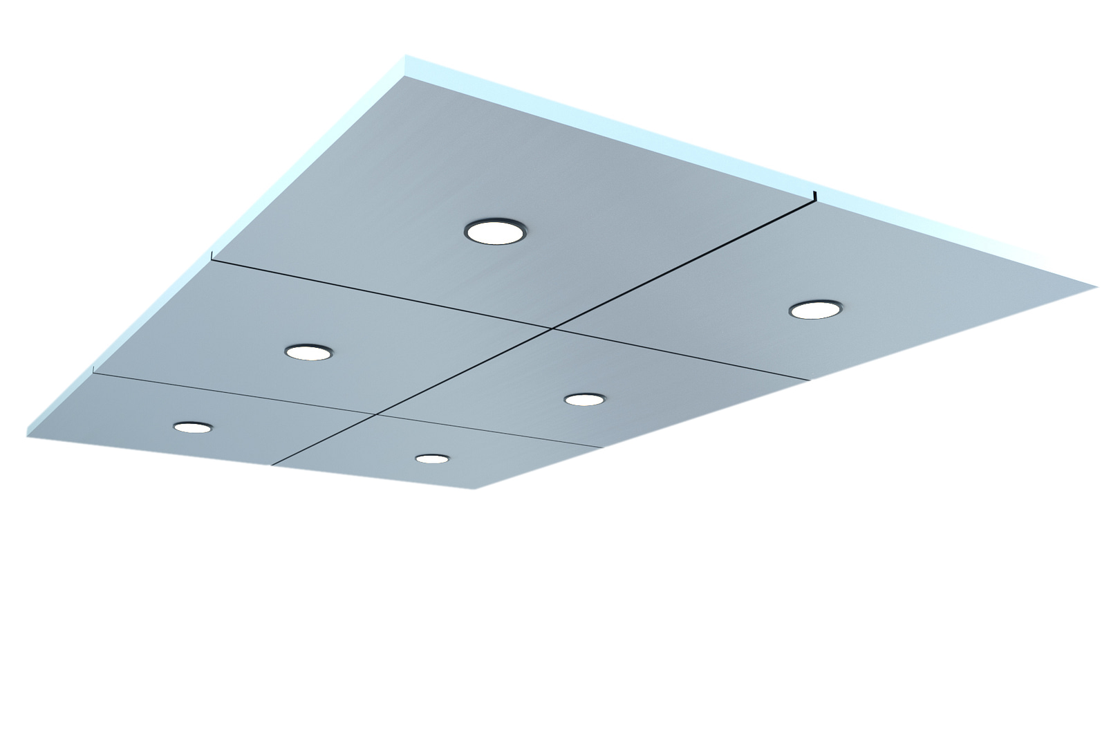 Island ceiling with dimmable LED downlights. Elegant and simple. Stainless steel, bronze, plastic laminate finish...